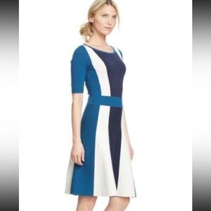 Boden Milano Knit Vertical Stripe Flare Dress Navy Teal Ribbed Midi A-Line Block